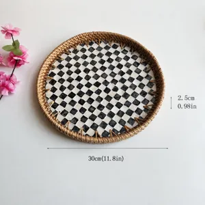 Handmade Rattan Shell Serving Tray Round Decorative Tray Black White Mosaic Organizer