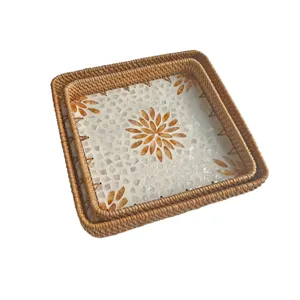 Rattan shell decorative storage tray set, square woven basket for home fruit and bread organizing.