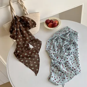 Women vintage polka dot long silk scarf for bag, neck or hair, elegant holiday accessory.