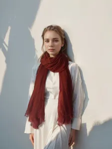 Monochrome crinkle cotton linen scarf with tassel fringe, elegant draped winter neck wrap.