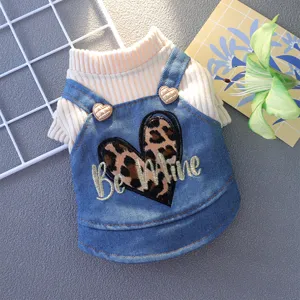 Cute autumn pet denim overall dress with sweater, leopard heart embroidery for small dogs.