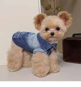 Pet dog denim vest jacket with leash ring, gradient blue puppy clothes for small medium dogs.