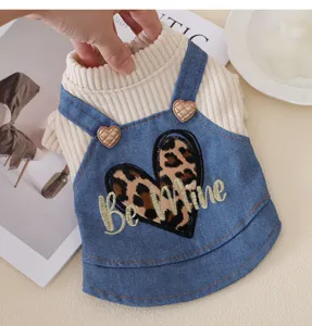 Cute puppy denim overall dress with knit sweater, leopard heart embroidery detail for small dogs.