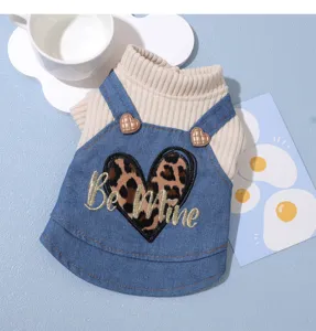 Cute dog autumn denim skirt sweater false two piece small pets puppy apparel dog clothes