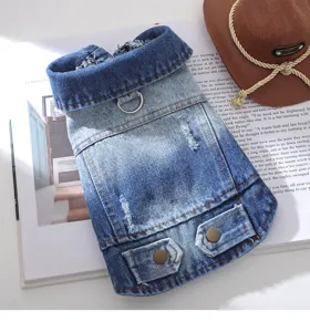 Gradient blue denim dog vest for small medium dogs pet jacket with D-ring harness apparel