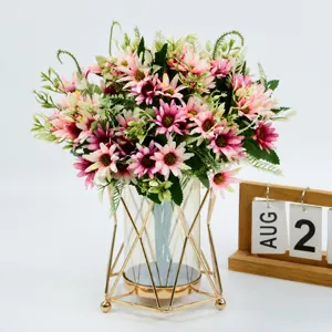 Artificial daisy flowers bouquet set in gold geometric glass vase for home decor