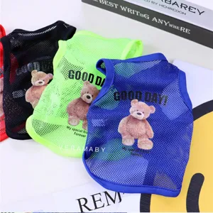 Detailed view of breathable mesh summer dog vests featuring cute teddy bear prints for pets.