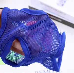 Close-up detail of blue breathable mesh pet summer cooling vest for small dogs and puppies.