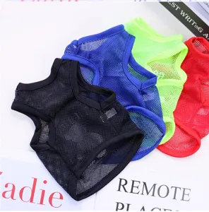 Close-up of breathable mesh pet vest details, lightweight summer dog clothes fabric view.