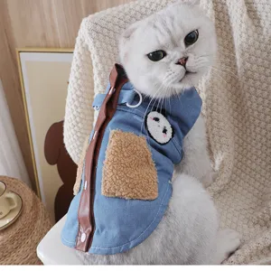 Cat denim clothes with panda patch, cozy fleece pocket and traction ring design details.