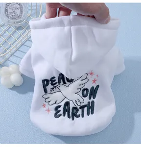 White pet hooded sweatshirt for cats and dogs with cute peace dove embroidery design.