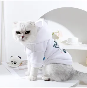 White cat wearing cute hooded pet sweatshirt detail shot, showing pigeon embroidery and cozy fabric.