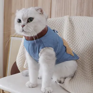 Cute denim cotton pet clothes for cats, warm winter two-legged apparel with collar.