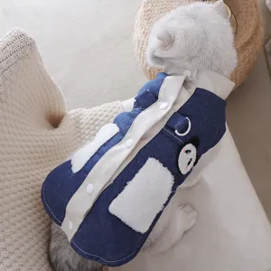 Cute cat denim jacket winter warm pet apparel with panda patch and leash ring two-legged coat