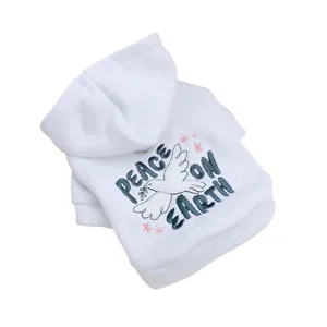 White pet dog cat hoodie sweatshirt with peace dove embroidery and letter print, cute two-leg apparel.