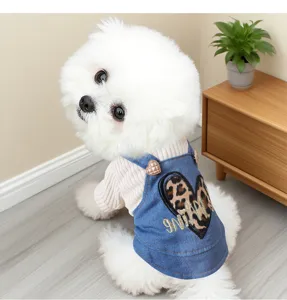 Details of cute dog autumn denim overall dress with leopard heart embroidery for small pets.