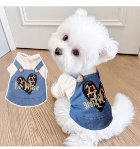 Cute pet dog denim overall skirt autumn clothes, leopard heart embroidered puppy apparel.