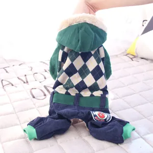 Pet dog winter four-leg warm coat with hood and plaid pattern for small puppies apparel.