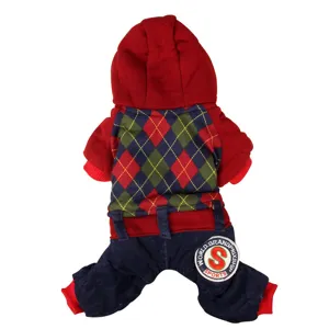 Warm winter four-leg pet dog hoodie with argyle pattern and cute sports badge for puppies.