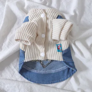 Cute pet dog autumn clothes, white knitted and blue denim patchwork puppy dress for small dogs.