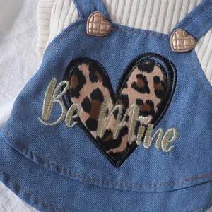Cute denim dog overall skirt with leopard heart embroidery, perfect autumn outfit for small pets.
