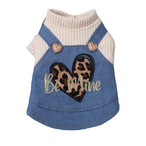 Cute dog denim overalls dress with ribbed sweater, puppy autumn cute clothes for small dogs.