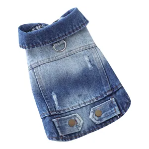 Gradient Blue Pet Denim Vest with Leash Ring Dog Denim Jacket for Small Medium Dogs