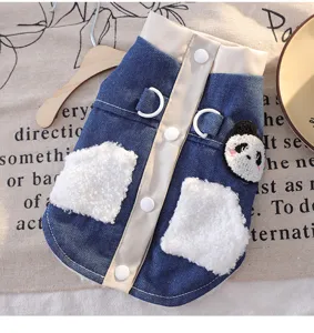 Cat denim jacket detail showing cute panda patch, white fleece pockets, and traction ring.