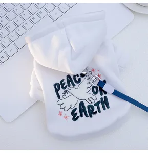 White pet cat dog hoodie sweatshirt with peace dove embroidery and attached leash for cute small pets