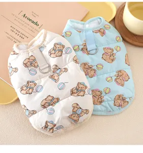 Detailed view of thick warm pet cotton vest with cute bear print, cozy winter dog apparel.