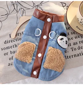 Cat denim padded jacket with panda patch, cute pet two-legged winter clothes with pockets.