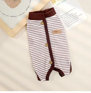 Brown striped dog jumpsuit with snap buttons, comfortable four-legged pet clothes for winter warm wear.