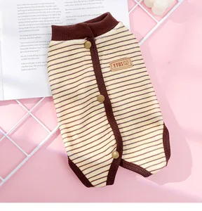 Pink striped dog jumpsuit with snap buttons, comfortable round neck belly-warm pet autumn apparel.