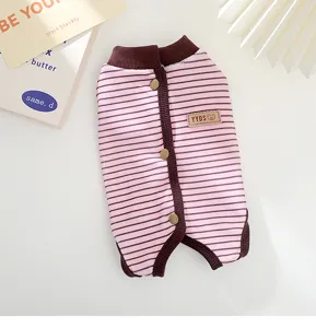 Comfortable pink striped dog jumpsuit with button closure and cute bear tag for small pets