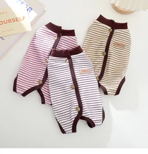 Cute striped four-legged pet clothes with snap buttons, comfortable autumn dog jumpsuit apparel.