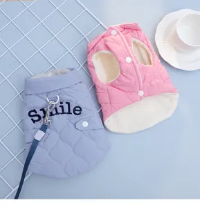 Warm fleece pet vest for cats and dogs, cute winter clothes with traction rope design.