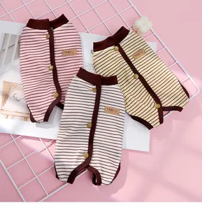Comfortable striped four-leg dog onesie with snap buttons, perfect for small pets in autumn.