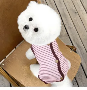Cute pink striped dog onesie with snap buttons, comfortable four-leg pet apparel for winter.