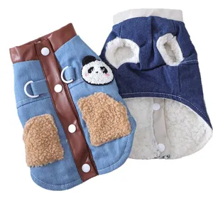 Cute pet cat denim cotton coat with panda patch, warm fleece lining, pockets and leash ring.