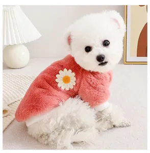 Cute pink fleece dog winter clothes with daisy flower, warm and cozy pet apparel for small dogs.