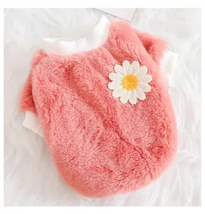 Cute pink pet fleece dog sweater with daisy decor, warm winter two-legged puppy clothes detail.