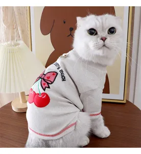 Cute grey cat clothes spring autumn pet shirt with cherry embroidery soft and comfortable