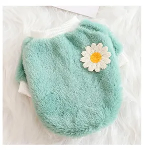 Cute mint green pet fleece sweater with white daisy applique, warm winter dog clothes.