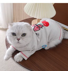 Grey cute cherry pattern cat clothes, elastic spring autumn pet apparel, comfortable pet two-leg shirt.