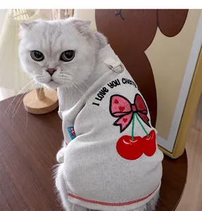 Cute grey cat shirt with cherry embroidery, elastic two-leg pet apparel for spring and autumn.