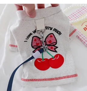 Cute pet cat clothes spring autumn elastic base shirt with lovely cherry embroidery design.