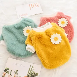 Cute dog winter fleece clothes, warm two-legged pet apparel with sweet daisy decor for pets.