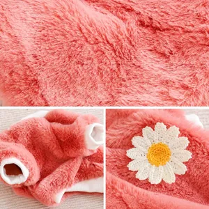 Cute pink dog winter plush clothes with lovely daisy embroidery, warm and cozy pet apparel.