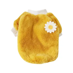 Cute yellow fleece pet dog sweater winter warm puppy clothes with daisy floral applique main