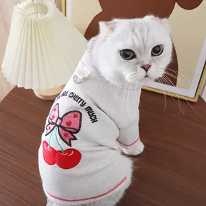 Cute grey cat clothes with sweet cherry pattern, elastic spring and autumn pet shirt for cats.
